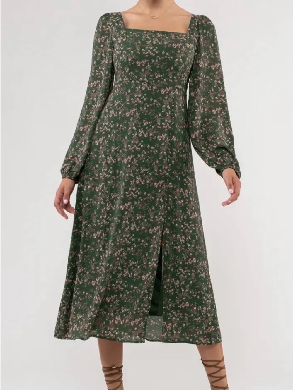 August Sky Green Floral Square Neck Long Sleeve Midi Dress